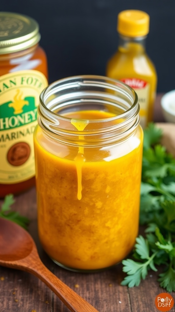 A jar of honey mustard marinade with honey, mustard, and herbs on a wooden table.